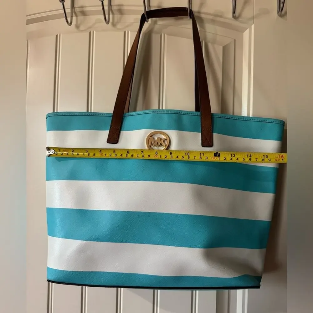 MICHAEL KORS 🩵 Blue & White Striped Shoulder Canvas Tote, Gold Logo